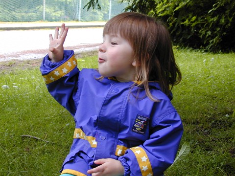 Jessica waving from rock